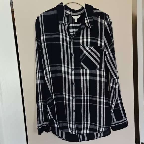 Lucky Brand Navy Blue White Plaid Button Down Gauze Longsleeve Shirt LIKE NEW M - Picture 2 of 8